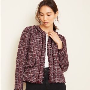 ANN TAYLOR TWEED FRINGE JACKET IN BURGUNDY